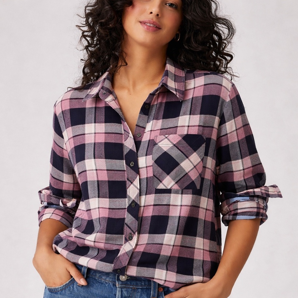 Orvis Plaid Flannel Shirt Pink Navy Button Front Pocket Size M